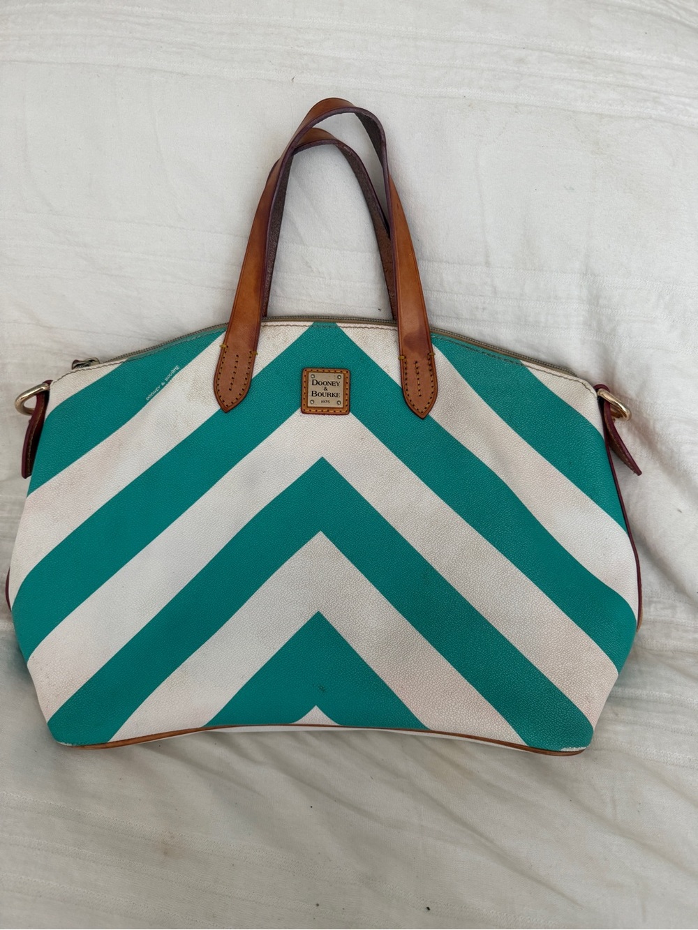 Dooney and Bourke Teal & White Chevron Tote Shoulder Bag Satchel